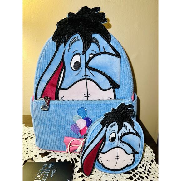 Loungefly Disney Winnie the Pooh Eeyore Peeking Corduroy Backpack & Coin Bag - Picture 1 of 8